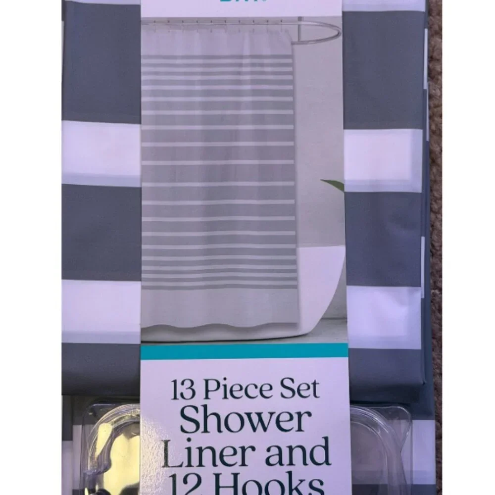 Comfort Bay 13-Piece Shower Liner Set – Gray & Clear Horizontal Stripe w 12 hook